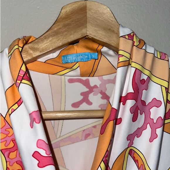 J. McLaughlin Catalina Cloth Cowl Neck Sleeveless Top S Coral Gold White Print - Picture 2 of 5